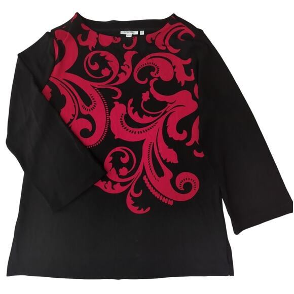 Chico's Black Red Scroll Print 3/4 Sleeve Tunic Top Women Size L (Chico's Sze 2) - Picture 2 of 6